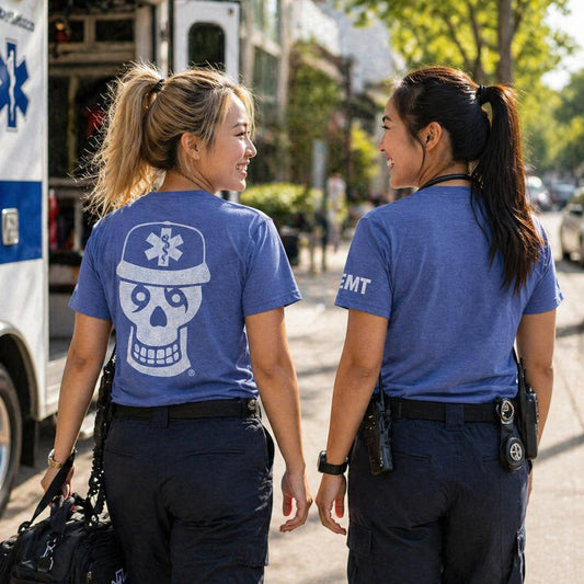 Two emergency medical technicians with Honor Til Ya Die t-shirts on walking on a street with an ambulance in the background and wearing the Nola Til Ya Die EMT skull.