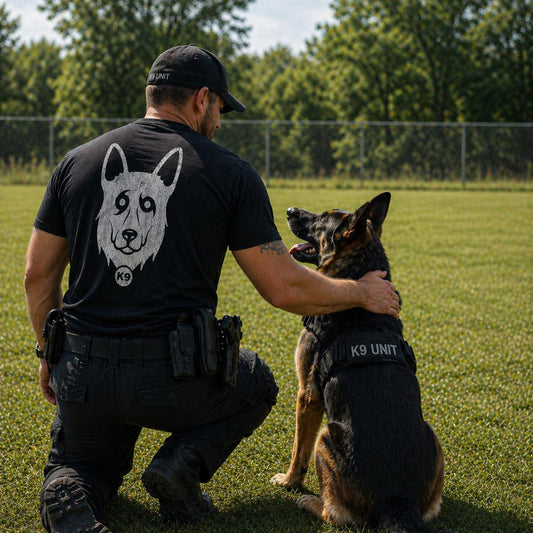 Man in K9Unit uniform with a dog on a grassy field Wearing the Honor Til Ya Die K9 t-shirt in black by Nola Til Ya Die