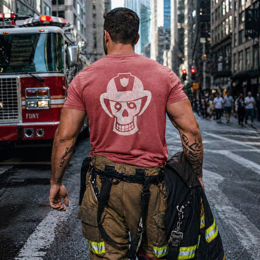 Firefighter walking on a city street with a fire truck in the background wearing Honor Til Ya Die with Nola Til Ya Die firefighter skull big on the back.