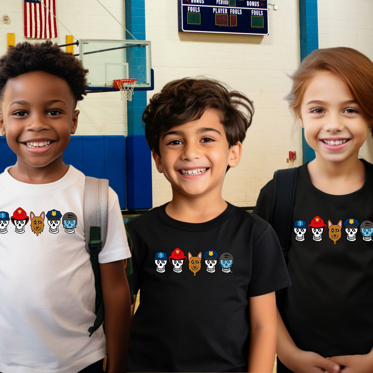 Three children wearing shirts with colorful Honor Til Ya Die First Responder series on the front