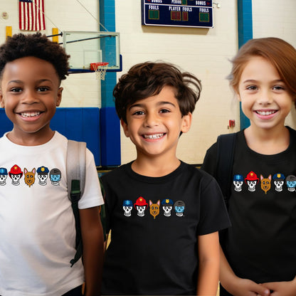 Three children wearing shirts with colorful Honor Til Ya Die First Responder series on the front