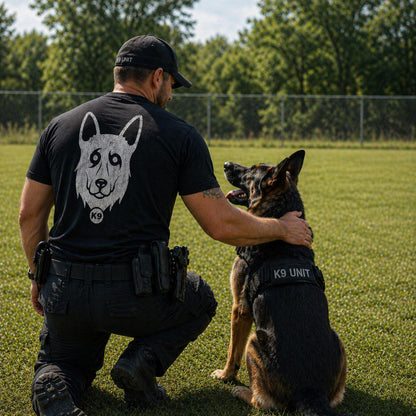 Man in K9Unit uniform with a dog on a grassy field Wearing the Honor Til Ya Die K9 t-shirt in black by Nola Til Ya Die